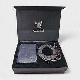 Комплект тъмносиньо портмоне с черен колан TORO NERO