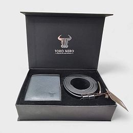 Комплект сиво портмоне с черен колан TORO NERO